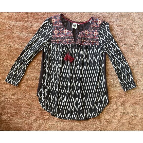 One September Anthropologie Boho Embroidered Tunic Blouse Black Red Ikat Print S - Picture 1 of 10